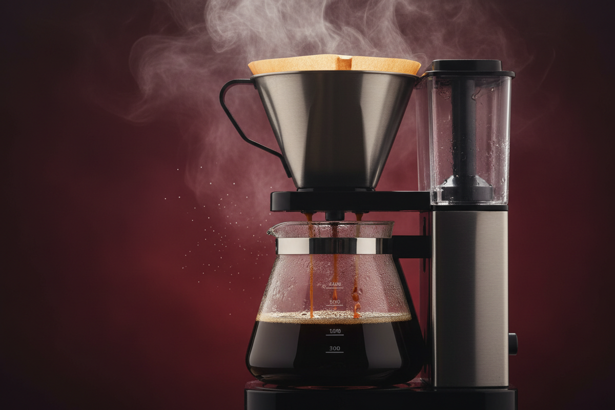 3E0000 8E2926 arka planda hafif dumanlı Filtre kahve makinasında demleme