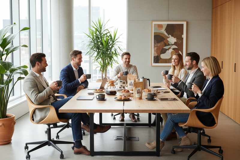 Toplantı masasında kahve içen insanlar veya şık bir ofis ortamı.